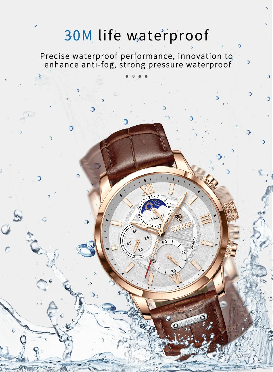 Reloj LIGE para hombre de acero inoxidable y cuero