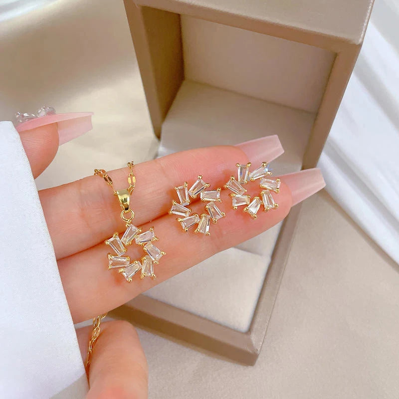OXTAO Moissanite Earrings Pendant Necklace Set