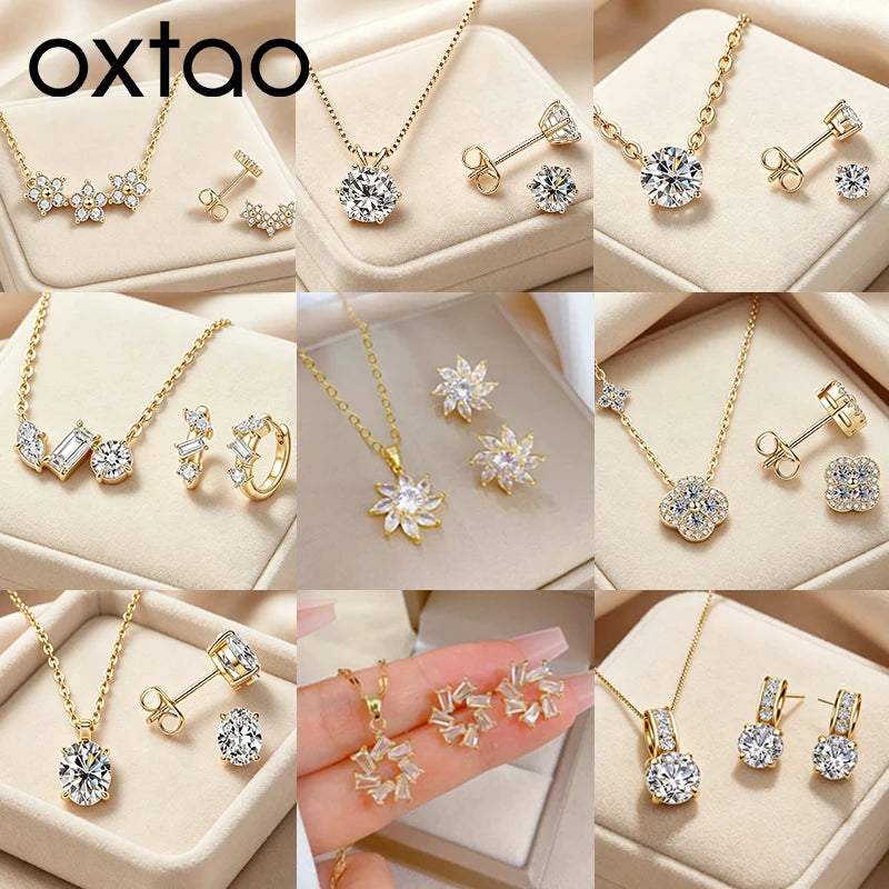 OXTAO Moissanite Earrings Pendant Necklace Set