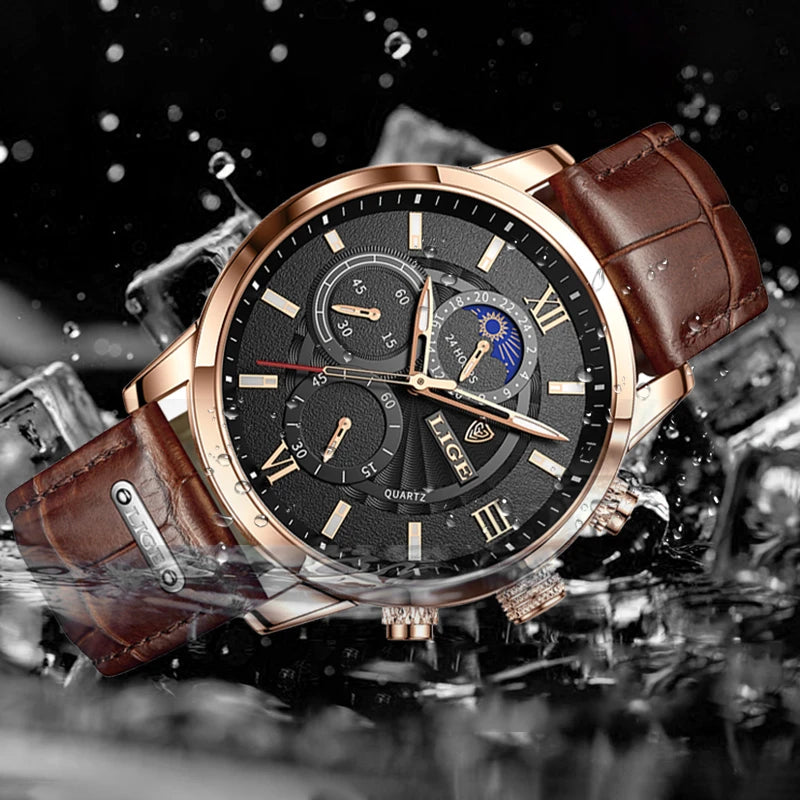 Reloj LIGE para hombre de acero inoxidable y cuero