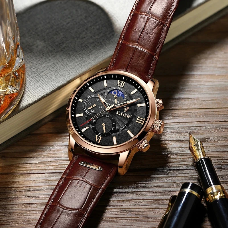 Reloj LIGE para hombre de acero inoxidable y cuero
