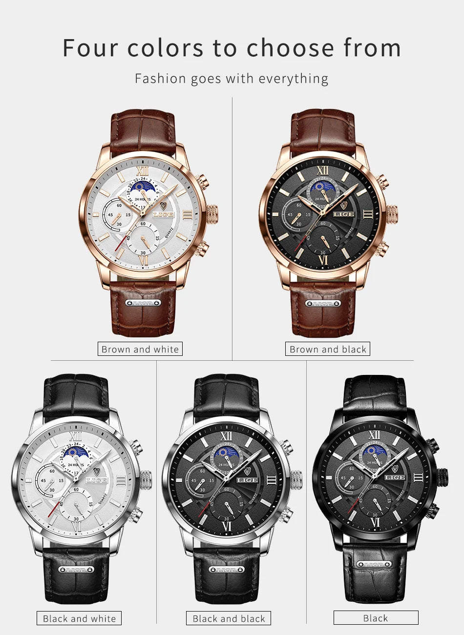 Reloj LIGE para hombre de acero inoxidable y cuero