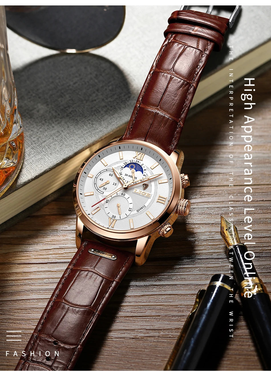 Reloj LIGE para hombre de acero inoxidable y cuero