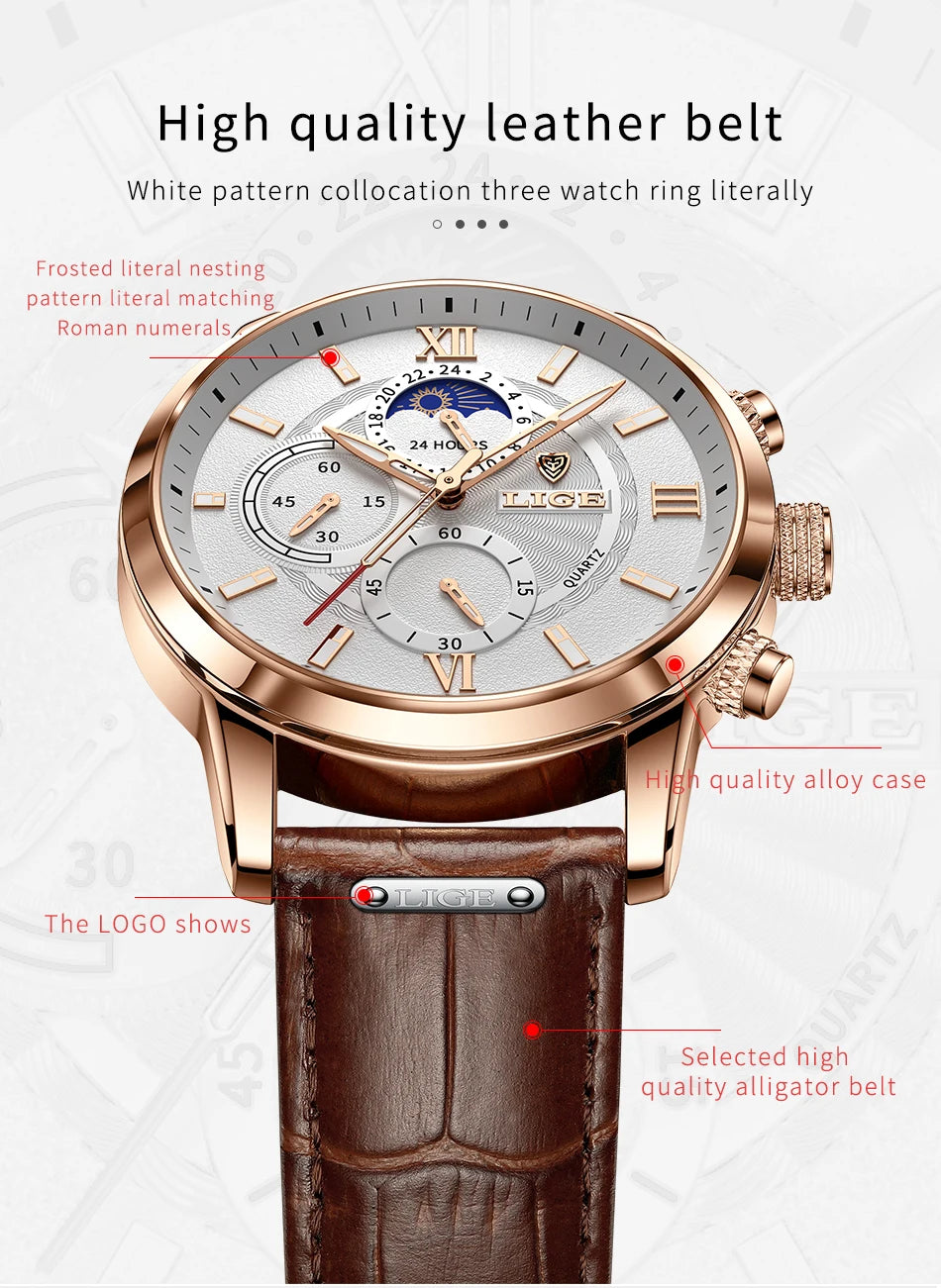 Reloj LIGE para hombre de acero inoxidable y cuero