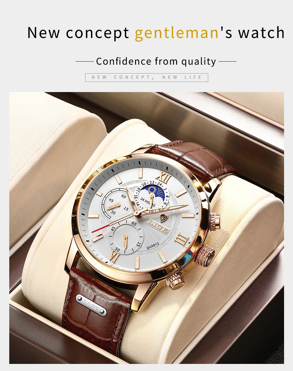 Reloj LIGE para hombre de acero inoxidable y cuero