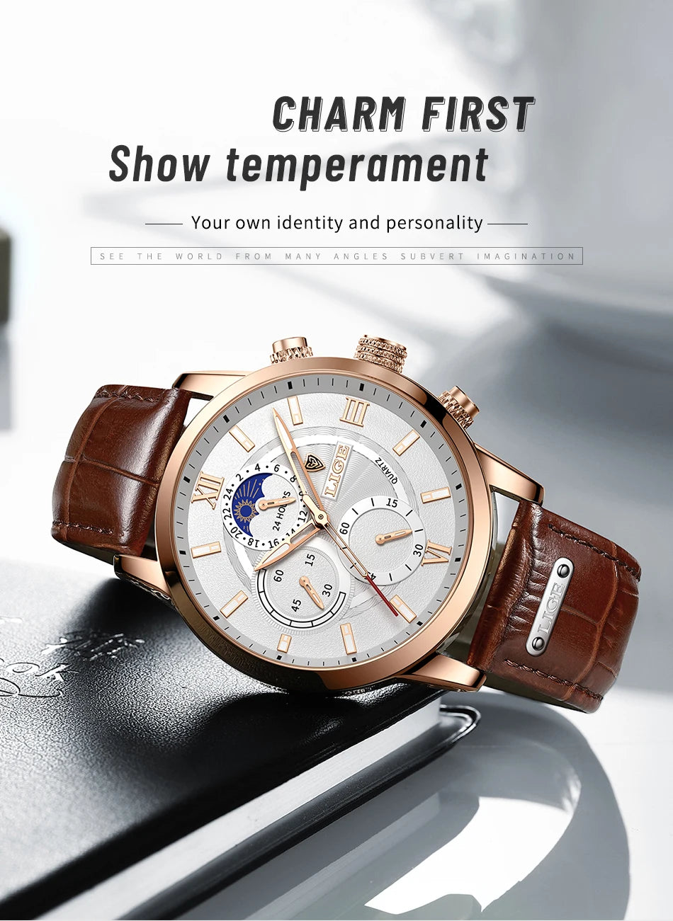 Reloj LIGE para hombre de acero inoxidable y cuero