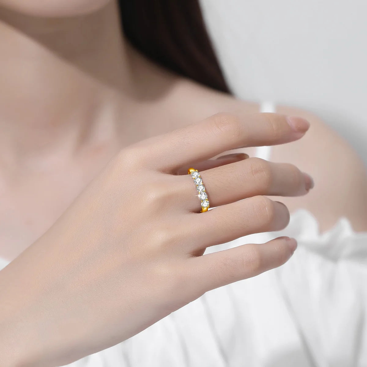 18K Gold &amp; Moissanite Half Eternity Band