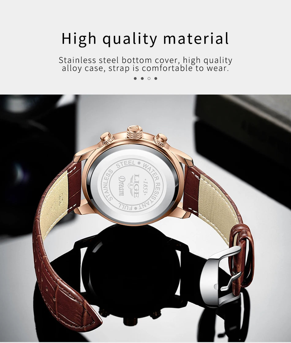 Reloj LIGE para hombre de acero inoxidable y cuero