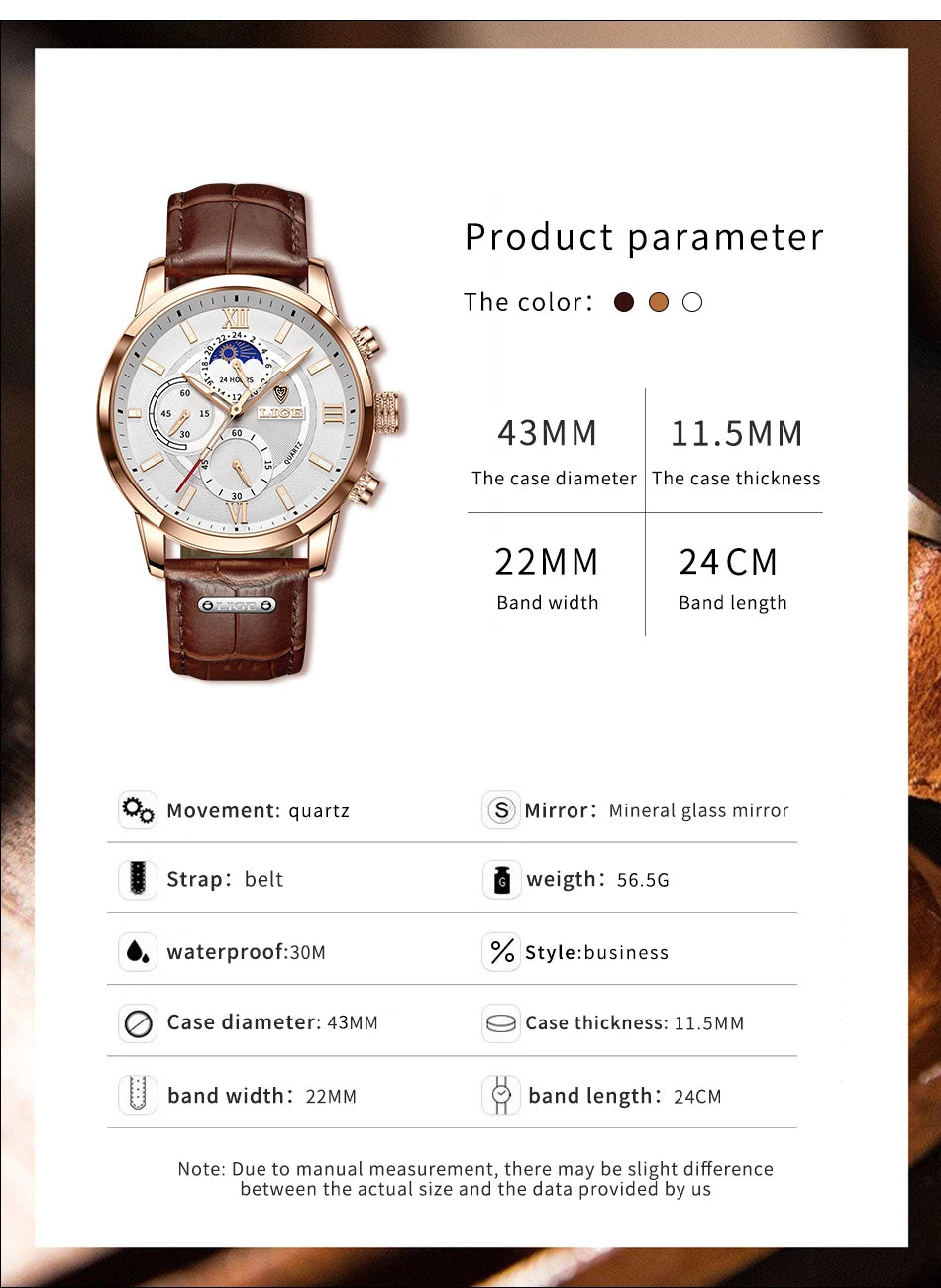 Reloj LIGE para hombre de acero inoxidable y cuero