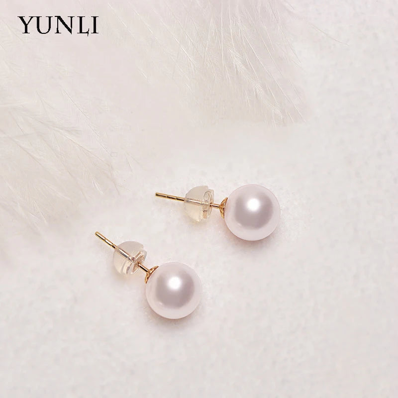 YUNLI 18K Gold Natural Freshwater Pearl Stud Earrings