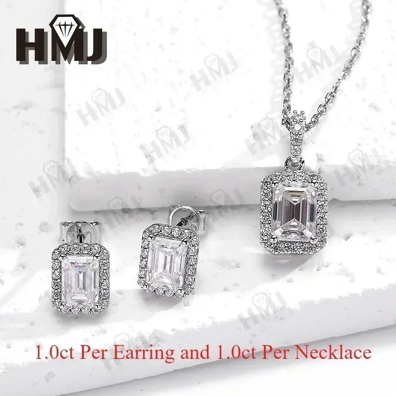 100% S925 Sterling Silver Moissanite earrings GRA Certified Emerald Cut Necklace Jewelry Sets For Women Fine Wedding Gift