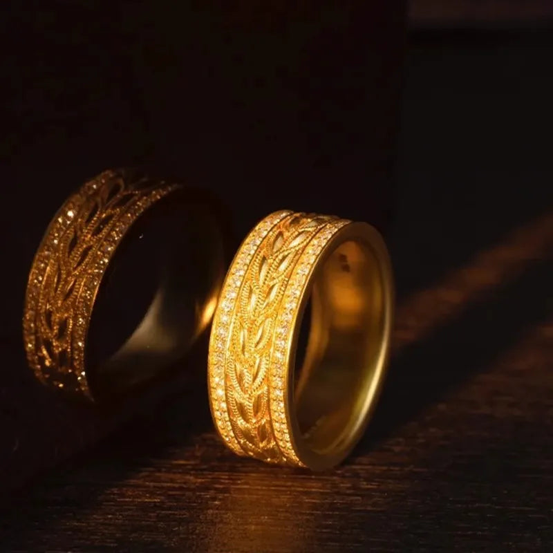 Luxury 999 24K real gold wheat ears inlaid diamond ring ancient method weaving index finger ring wealth rolling ring accessories