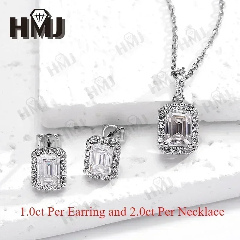 100% S925 Sterling Silver Moissanite earrings GRA Certified Emerald Cut Necklace Jewelry Sets For Women Fine Wedding Gift