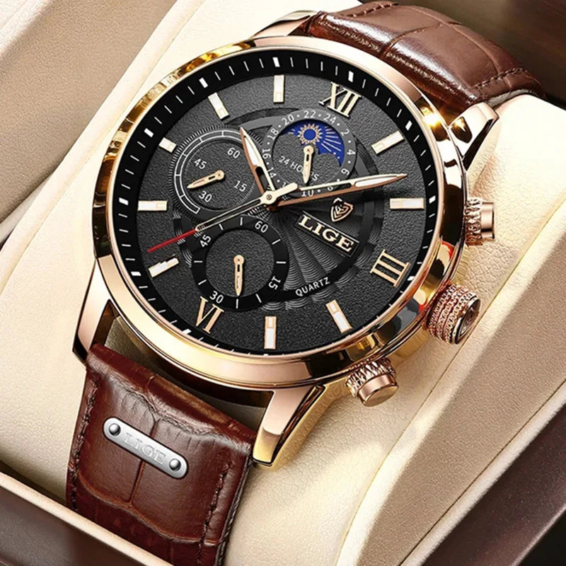 Reloj LIGE para hombre de acero inoxidable y cuero