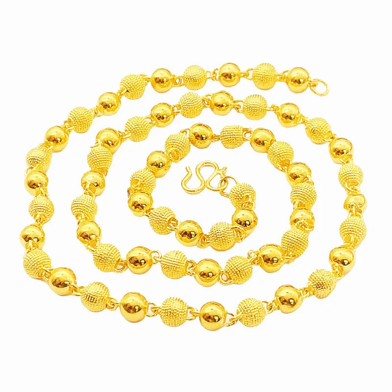 AU999 gold round bead necklace 24K real gold matte collarbone chain fashionable atmospheric and versatile men and women jewelry