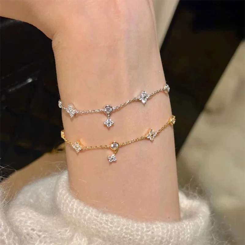 Anziw Certified D-E Moissanite Bracelet 925 Sterling Silver Women's Clover Flower Bracelets Adjustable S925 Chain Trendy Jewelry