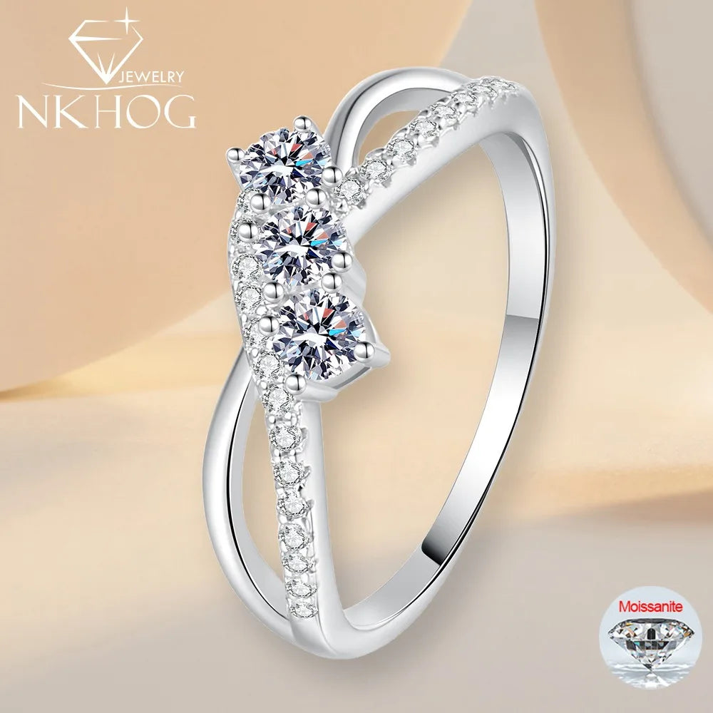 NKHOG Full Certified Moissanite Rings For Women 925 Sterling Silver Double Line Design Lab Diamond Band 18K Plated Fine Jewelry