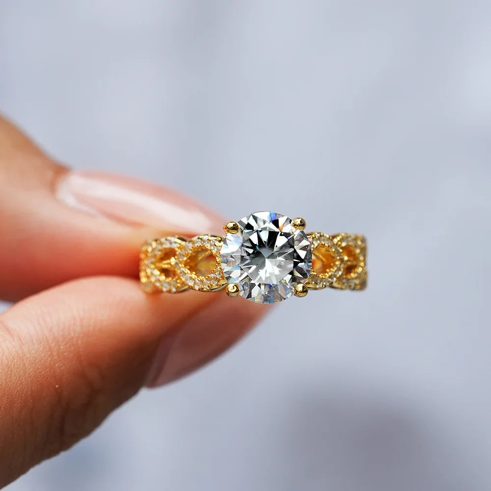 au9999 pure gold classic four-prong cluster set 2 carat moissanite diamond ring 18K real gold D color moissanite engagement ring