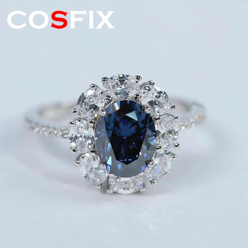 Women Moissanite Ring s925 Silver Oval Cut Blue or Champagne Moissanite Rings for Women Luxury