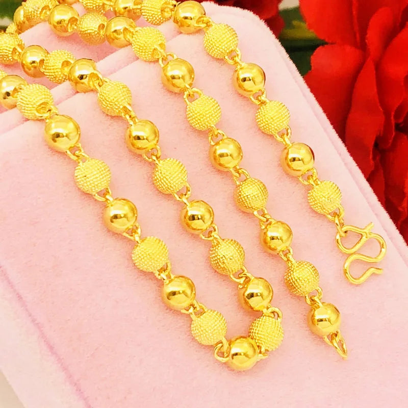 AU999 gold round bead necklace 24K real gold matte collarbone chain fashionable atmospheric and versatile men and women jewelry