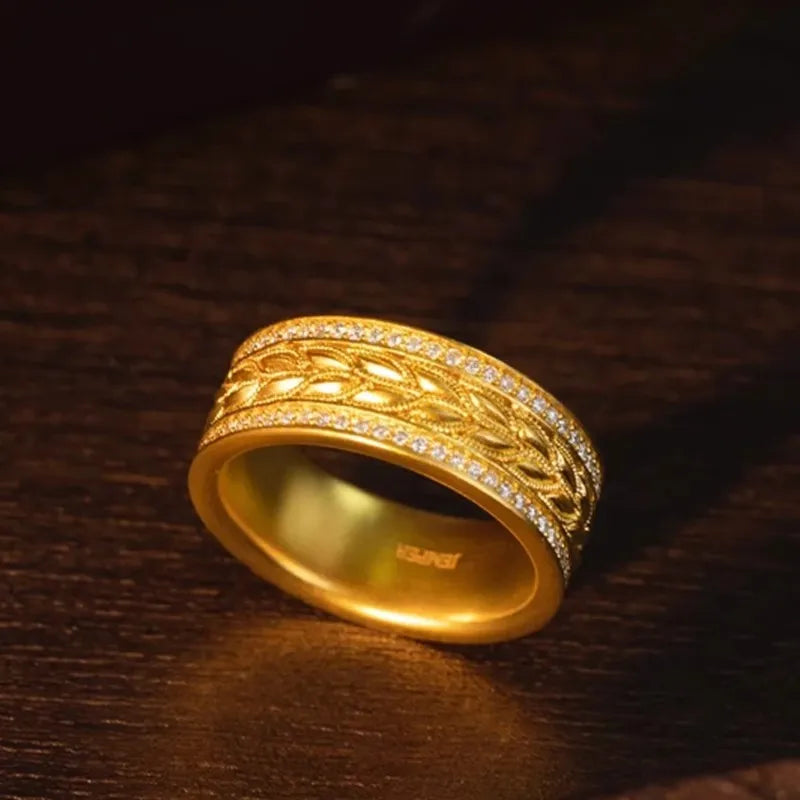 Luxury 999 24K real gold wheat ears inlaid diamond ring ancient method weaving index finger ring wealth rolling ring accessories
