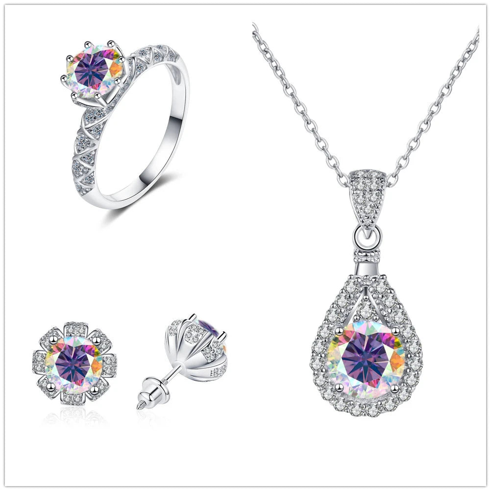 Certified Moissanite Necklace Engagement Ring Stud Earrings for Women4 CT Round Cut Moissanite Diamond Wedding Jewelry Set