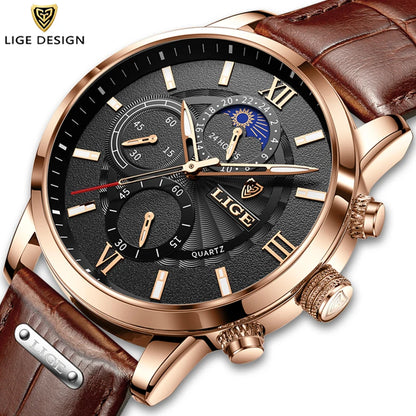Reloj LIGE para hombre de acero inoxidable y cuero