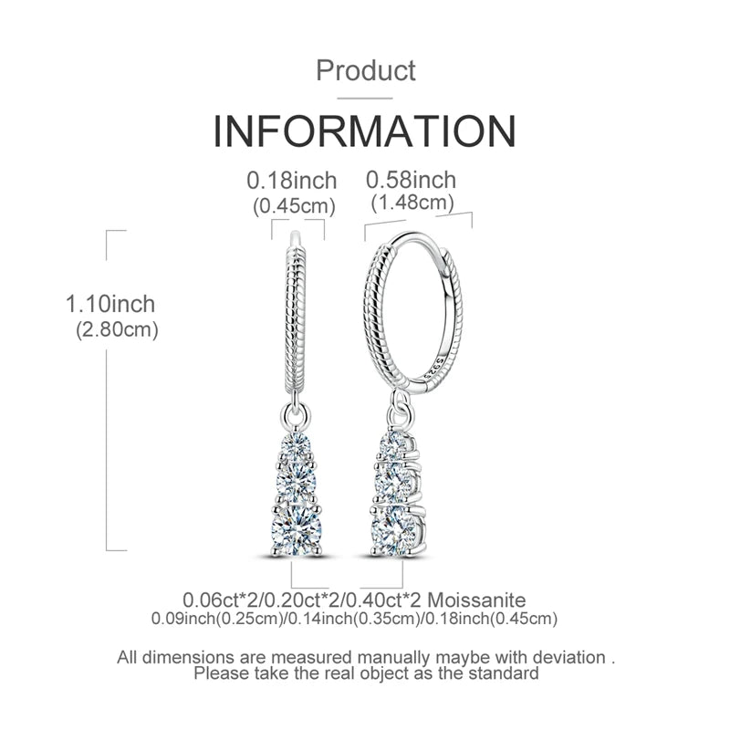 Moissanite Pandent Earrings 100% 925 Sterling Sliver Sparkling Three-Stone Earrings for Woman Ladies Bridal Wedding Party Jewely