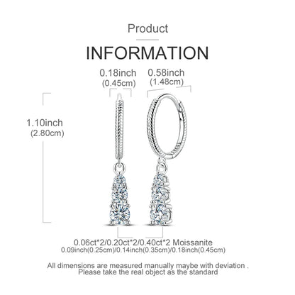 Moissanite Pandent Earrings 100% 925 Sterling Sliver Sparkling Three-Stone Earrings for Woman Ladies Bridal Wedding Party Jewely