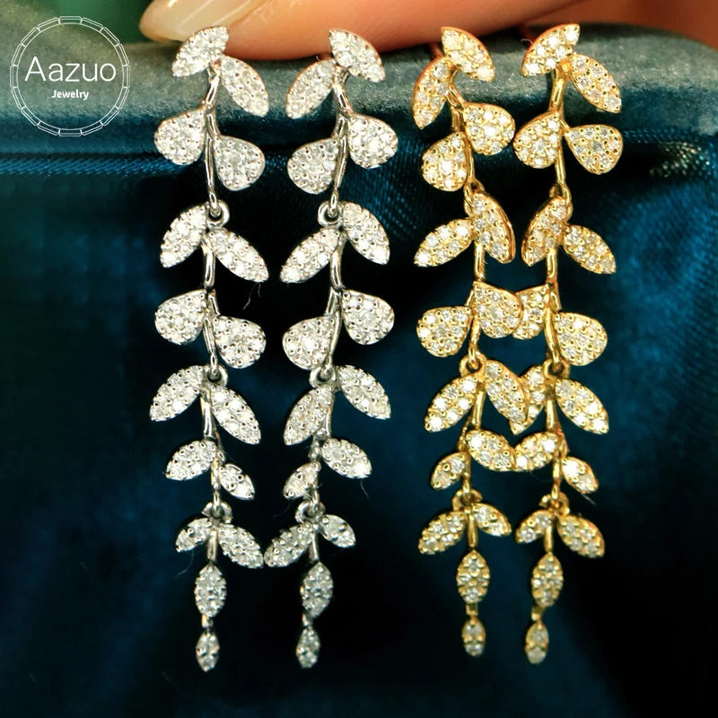 Aazuo Real 18K Solid White Gold Yellow Gold Real Diamonds 0.6ct Leaves Drop Earring Gift For Women Engagement Dinner Party Au750