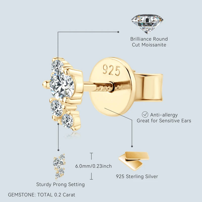 Moissanite stud earrings for women featuring round cut stones, 925 sterling silver, suitable for sensitive ears.