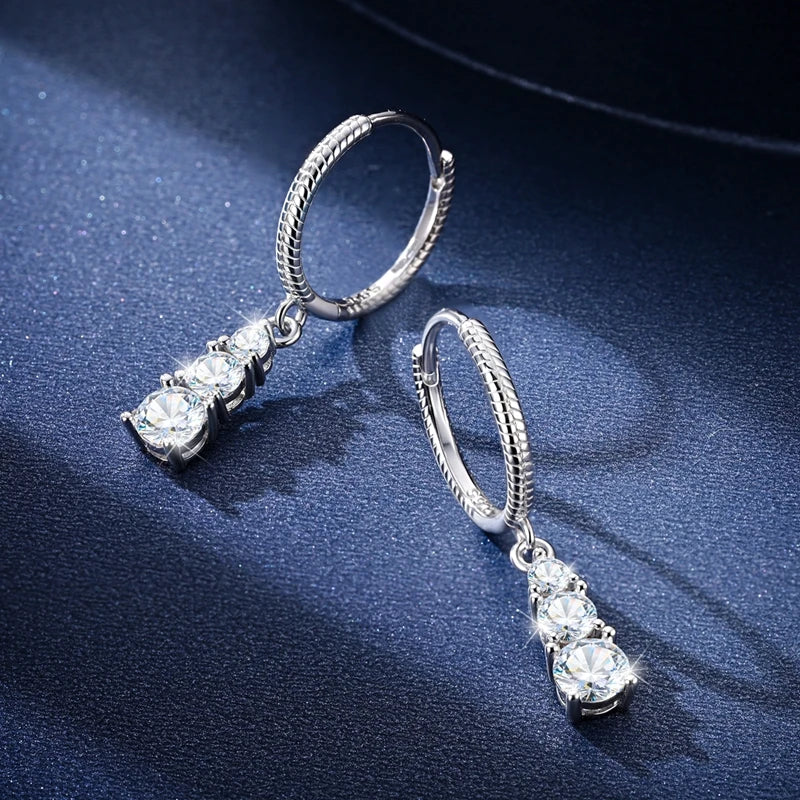 Moissanite Pandent Earrings 100% 925 Sterling Sliver Sparkling Three-Stone Earrings for Woman Ladies Bridal Wedding Party Jewely