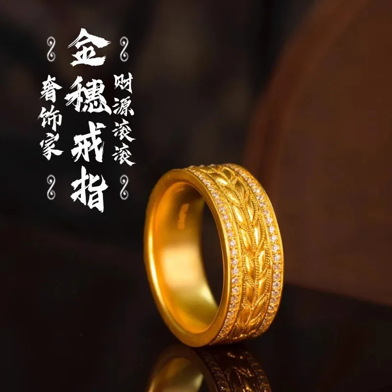 Luxury 999 24K real gold wheat ears inlaid diamond ring ancient method weaving index finger ring wealth rolling ring accessories