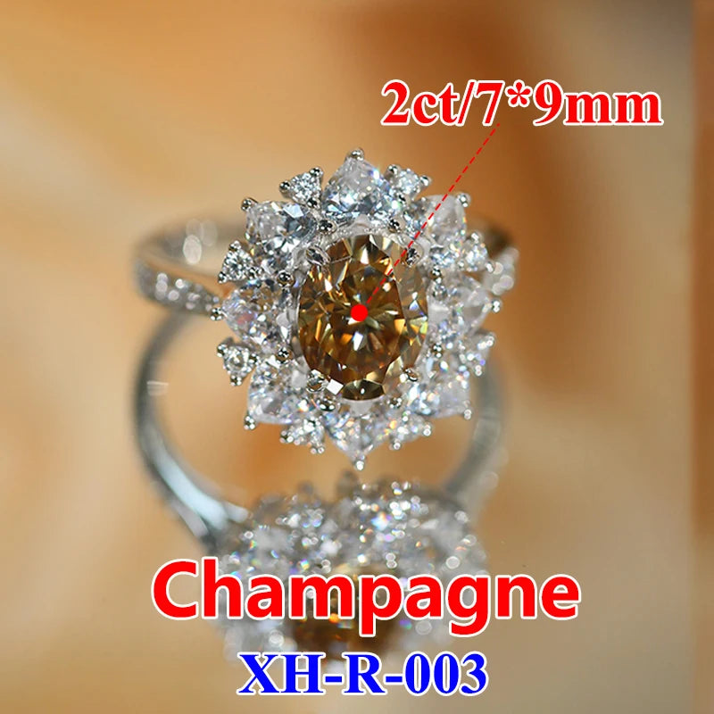 Women Moissanite Ring s925 Silver Oval Cut Blue or Champagne Moissanite Rings for Women Luxury