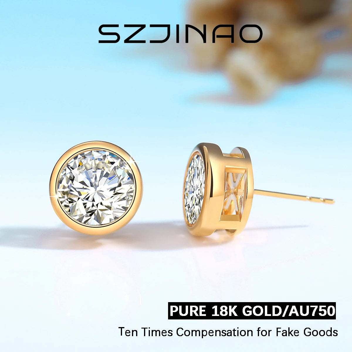 18K Gold Moissanite Bezel Stud Earrings