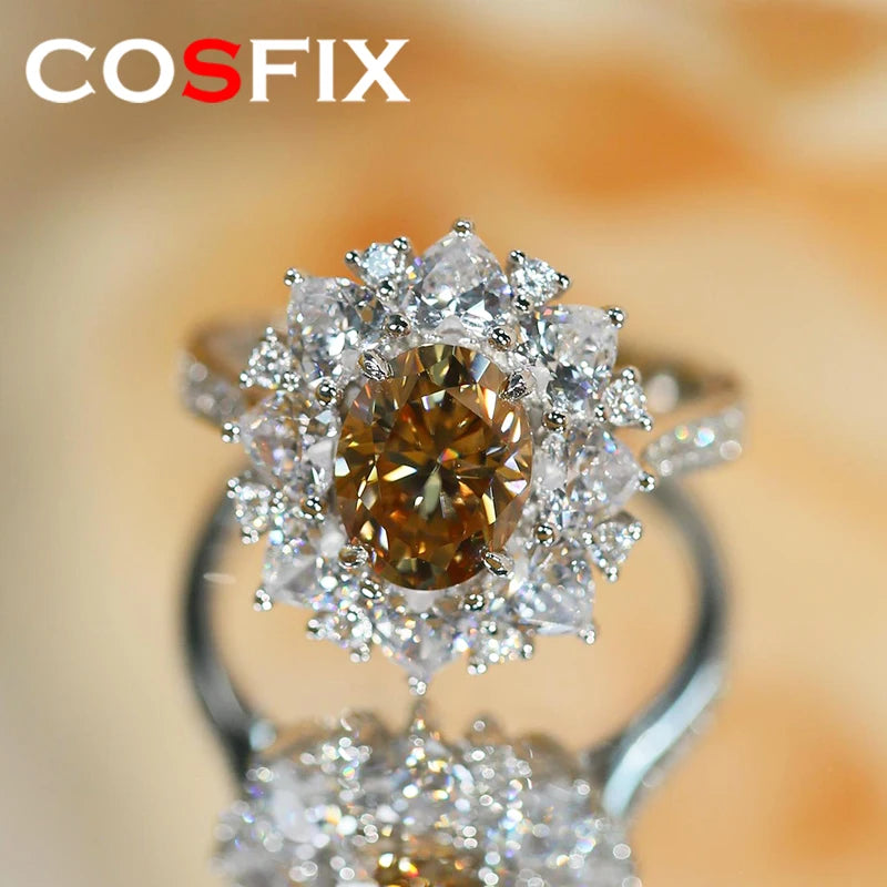 Women Moissanite Ring s925 Silver Oval Cut Blue or Champagne Moissanite Rings for Women Luxury