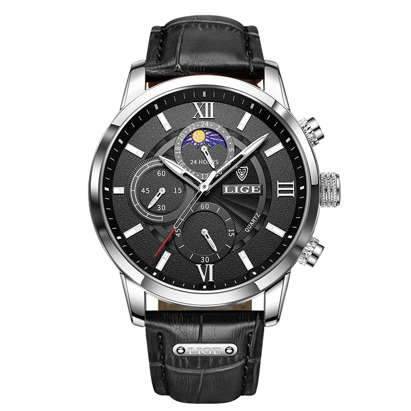 Reloj LIGE para hombre de acero inoxidable y cuero