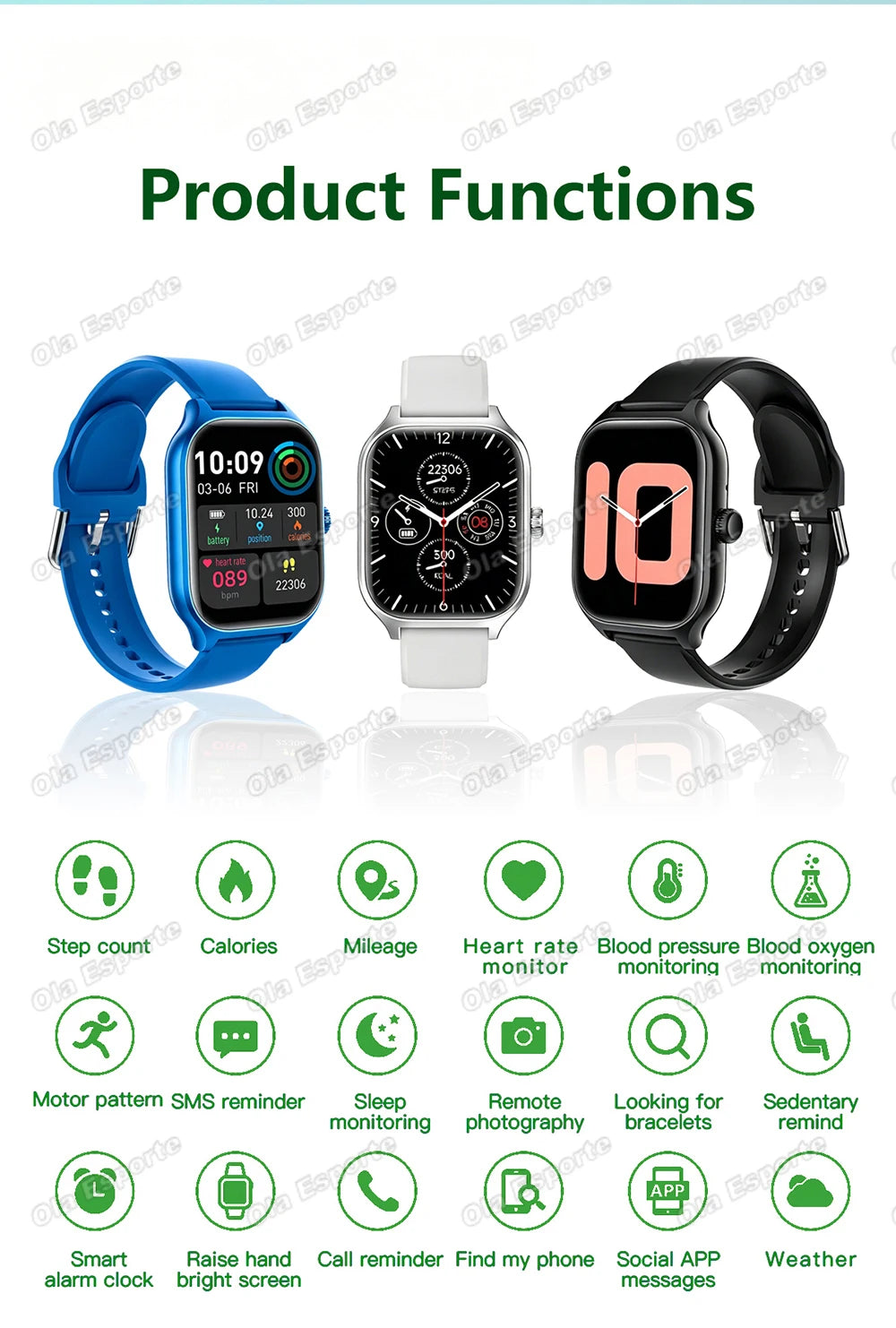 OLA ESPORTE Rectangle Unisex Smart Watch for Android or iOS