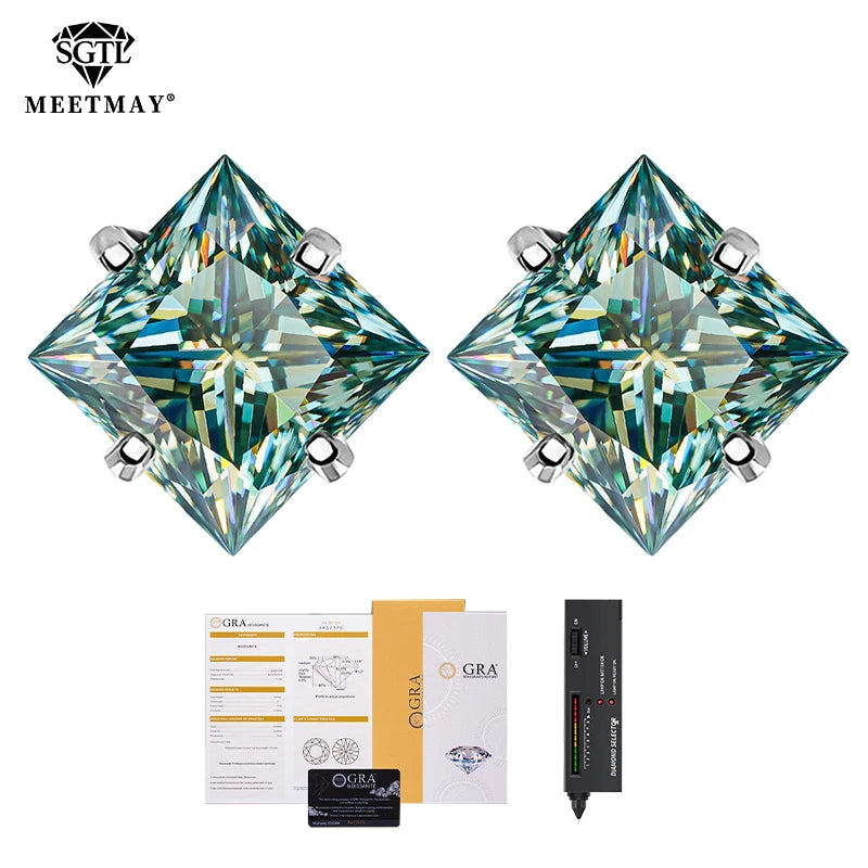 S925 sterling silver inset green princess cut GRA Moissanite earrings for women