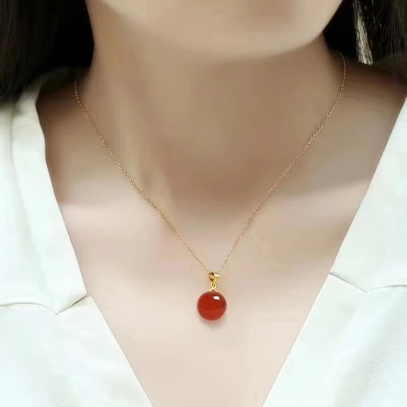 XF800 New Real 18K Gold Pendant Necklace Red Agate Fine Jewelry Pure Au750 Chain Vintage Anniversary Gift For Women X054