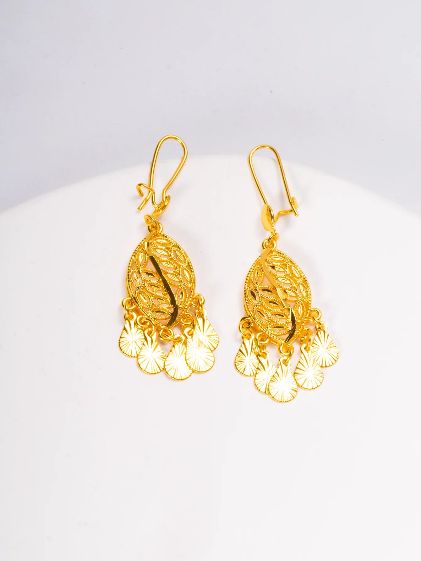 24K Pure Gold AU999 Leaf Tassel Earrings, swaying gracefully to showcase feminine charm and exude elegance
