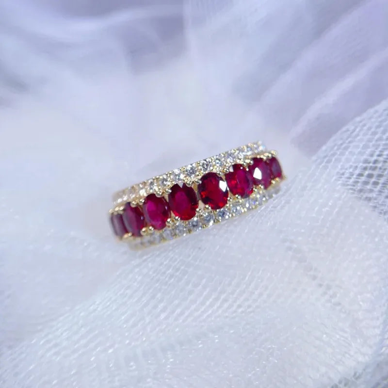 Luxurious 24K real gold ruby classic ring au999 gold group set round deep red tail ring for women