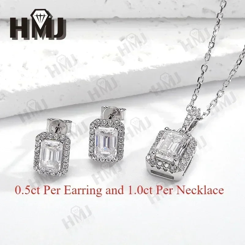 100% S925 Sterling Silver Moissanite earrings GRA Certified Emerald Cut Necklace Jewelry Sets For Women Fine Wedding Gift