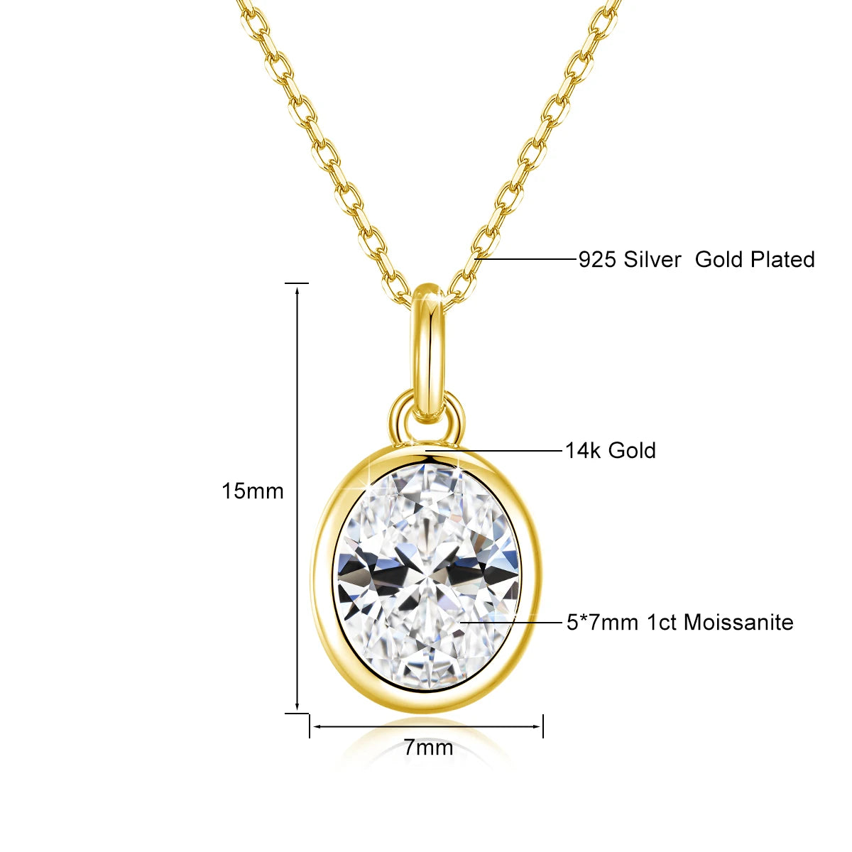 AU585 Gold 14K Oval Cut Moissanite Bezel Pendant Necklace for Women Wedding Party Fine Jewelry Valentine&