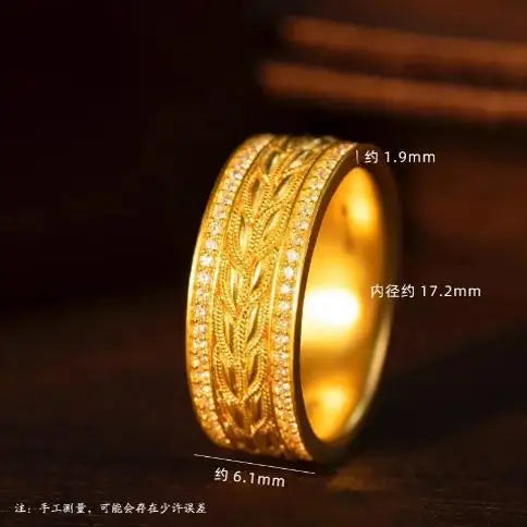 Luxury 999 24K real gold wheat ears inlaid diamond ring ancient method weaving index finger ring wealth rolling ring accessories