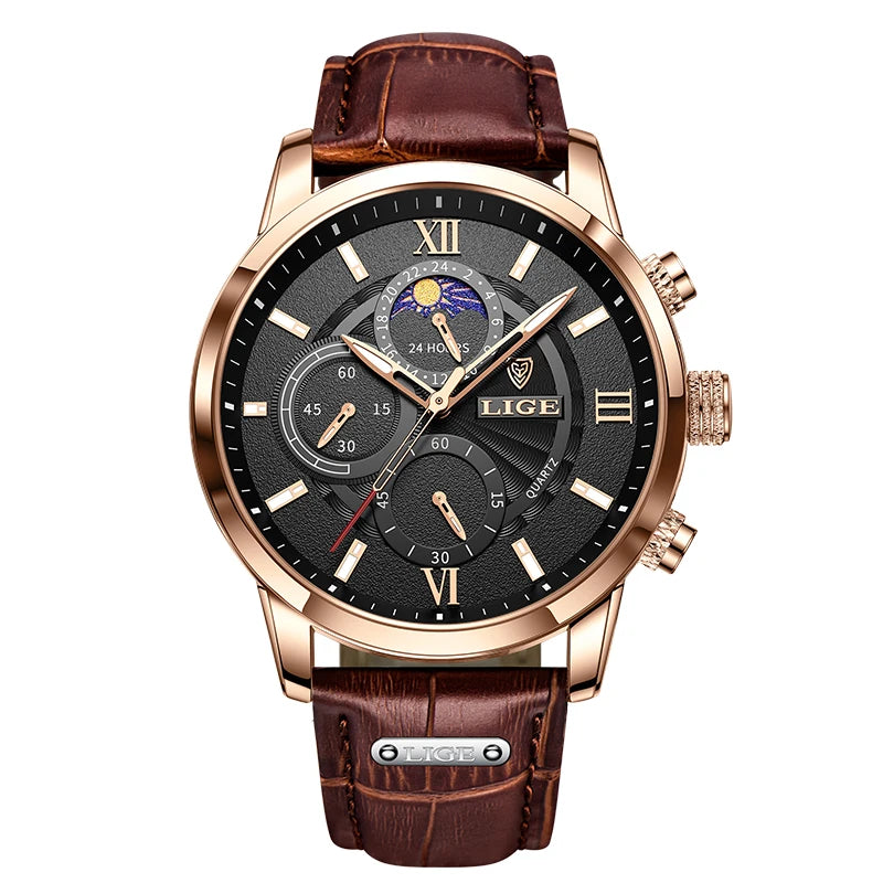 Reloj LIGE para hombre de acero inoxidable y cuero