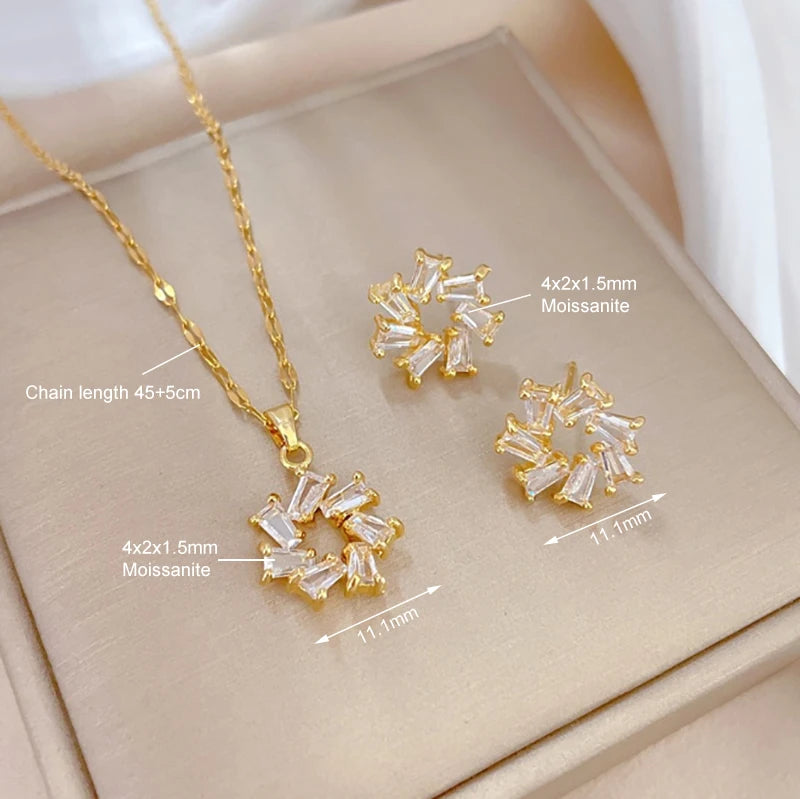 OXTAO Moissanite Earrings Pendant Necklace Set