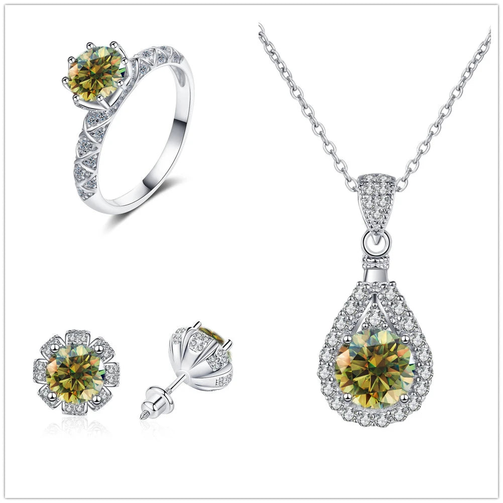 Certified Moissanite Necklace Engagement Ring Stud Earrings for Women4 CT Round Cut Moissanite Diamond Wedding Jewelry Set
