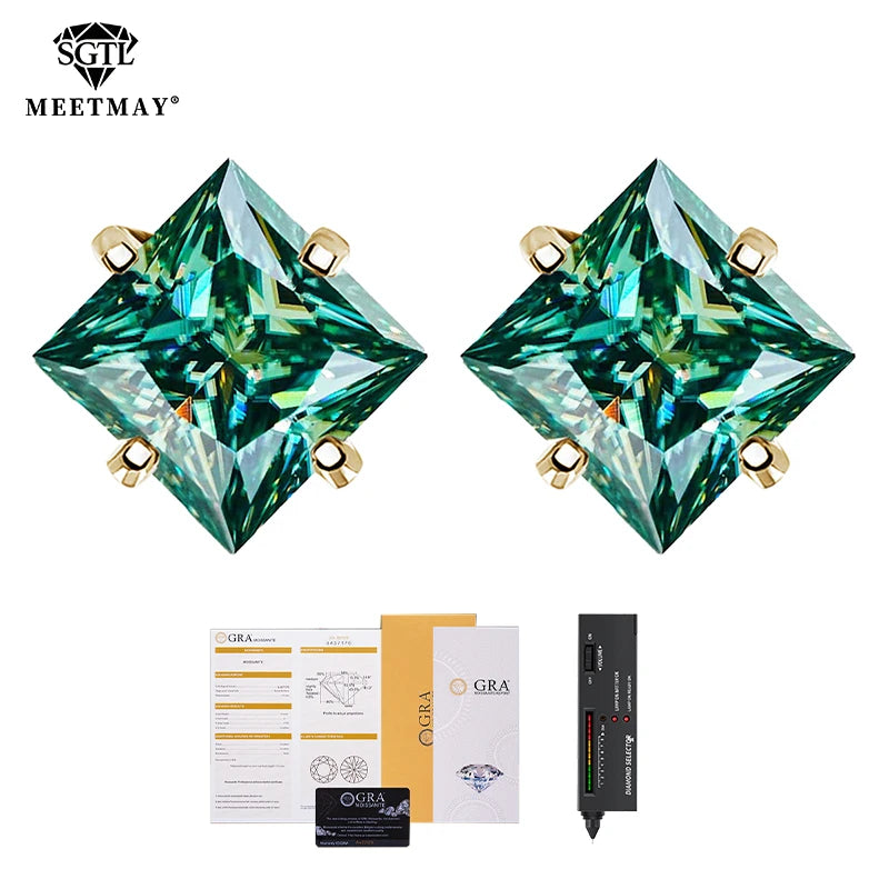 S925 sterling silver inset green princess cut GRA Moissanite earrings for women