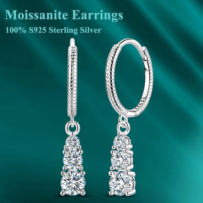Moissanite Pandent Earrings 100% 925 Sterling Sliver Sparkling Three-Stone Earrings for Woman Ladies Bridal Wedding Party Jewely